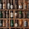 A row of artisanal craft beer bottles with creative labels on a wooden shelf4