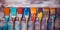 Row of artist paintbrushes closeup on artistic wooden