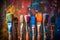 Row of artist paintbrushes closeup on artistic wooden background. Brushes with colorful paints