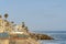 Row of beach house buildings with beach waterfront at Oceanside, California