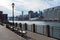 Row of Benches along the East River at Roosevelt Island and looking towards the Upper East Side Skyline of New York City