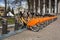 Row of bikes parked for hire, city bikes rent parking, public bicycle sharing system