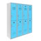Row of blue two level gym lockers. 3d rendering illustration isolated on white background