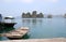 Row boat, Fishing village at Halong Bay, Vietnam. Limestone Rock Islands