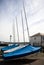 Row of boats in storage under the awning, Warehouse on the boat pier, Plymouth, Devon, United Kingdom, May 23, 2018