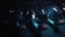 Row of bottles with water at light rays on dark background