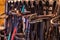 Row of bridles in a tack room on a horse riding farm