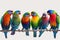A row of brightly coloured parakeets on a wire.