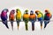 A row of brightly coloured parrots on a wire.