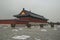 Row of bronze burners at Temple of Heaven surrounded by small heaps of snow