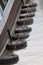 Row of buffer tyres attached to a narrow boat