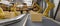 A row of cardboard boxes is on a conveyor belt in a modern distribution warehouse