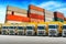 Row of Cargo vehicles and containers. Freight transportation. Cargo truck park.