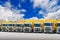 Row of Cargo vehicles. Freight transportation. Cargo truck park