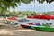 Row catamarans on river