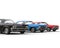 Row of classic muscle cars - black, blue and red