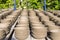 Row of clay hand made bowls dried on sun