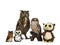 Row / collection of owls; stuffed animals, ceramic and Turkmenian Eagle owl / bubo bubo turcomanus sitting isolated on white backg
