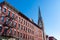 Row of Colorful Brick Buildings in Greenpoint Brooklyn New York with a Church