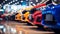 A row of colorful cars at a dealership with a focus on the vibrant front bumpers, showcasing designs and details