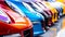 A row of colorful cars at a dealership with a focus on the vibrant front bumpers, showcasing designs and details