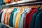 Row of colorful casual attire hoodies on hangers in clothing shop close up