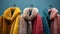 A row of colorful coats hanging on a rack in front of blue background, AI