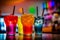 A row of colorful drinks resting on a table surface., Generative Ai