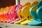A row of colorful flip flops are lined up in rows. AI generation