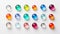 Row of colorful glass spheres on a white surface, reflecting light. Concept of glass art, marbles collection, color