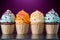 a row of colorful ice cream cups on a purple background