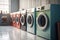 A row of colorful industrial washing machines in a public laundromat. Generative AI