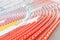 Row of colorful seats at the football stadium.