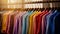 Row of colorful shirts hanging on rack in front of window