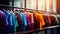 Row of colorful shirts hanging on rack in front of window