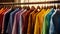 Row of colorful shirts hanging on rack in front of window