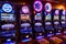 Row of colorful slot machines lit up at a casino