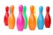 Row of colorful toy plastic bowling pins