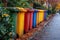 Row of Colorful Trash Containers on the Street extreme closeup. Generative AI