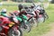 Row of colourful parked motorbikes on green grass