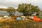 A row of colourful upturned rowing boats under the trees on the shore of Lake McGregor