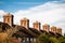 Row of cottages with brick chimneys