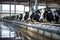 Row of cows being milked. Generative AI