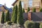 Row of decorative green conifers and bushes against a brown fence wall made of metal and bricks