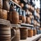 A row of decorative, handcrafted ceramic mugs on a shelf in a pottery shop1