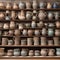 A row of decorative, handcrafted ceramic mugs on a shelf in a pottery shop3