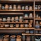 A row of decorative, handcrafted ceramic mugs on a shelf in a pottery shop4