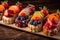 a row of delicate french fruit tarts with glistening glaze