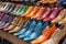 row of designer shoes in eye-catching array of colors and textures