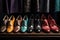 row of designer shoes in eye-catching array of colors and textures